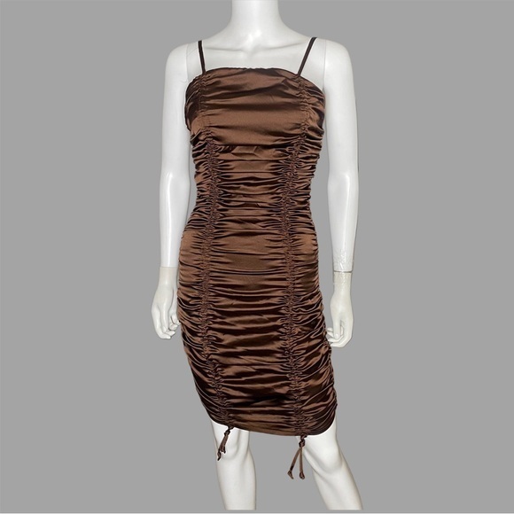 Forever 21 Brown Satin‎ Sleeveless Body Con Ruched Mini Dress - Picture 1 of 5
